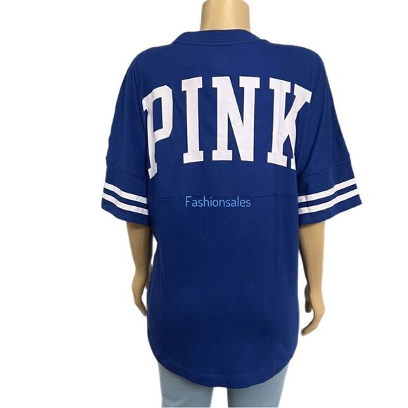 Victorias Secret Pink Varsity Short Sleeve Crew Tee Shirt Blue Medium - Picture 4 of 4